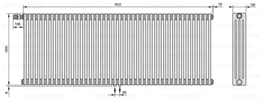 Схема (чертеж) Радиатор Zehnder Charleston 4180/42 №V007 Белый глянцевый RAL 9016